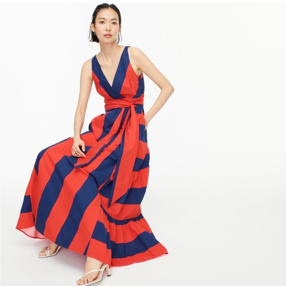 Striped V-Neck Maxi Dress - Red and Blue